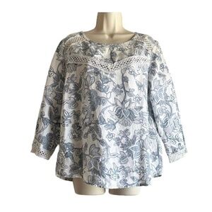 Elena Baldi Linen Floral Lace 3/4 Sleeve Top